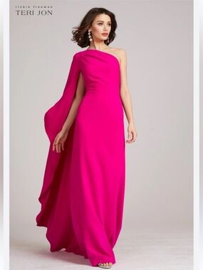 NWT Teri Jon Rickie Freeman Crepe Cape One Shoulder Sleeve Gown Maxi Dress